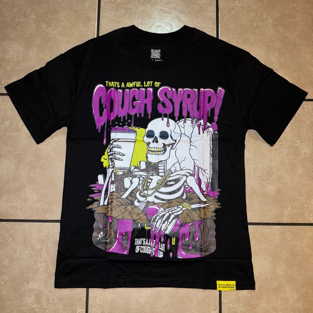 Black Graphic Tee with Skeleton and Cough Syrup Design